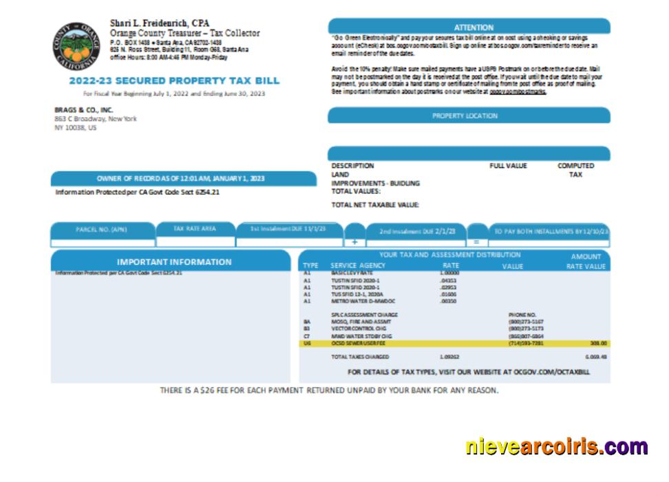 County of Orange California property tax business bill